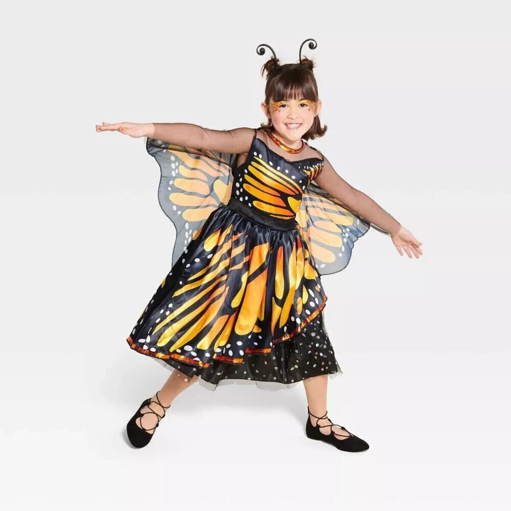 NEW Monarch Butterfly Halloween Costume Girls Large 10-12 Dress Headpiece